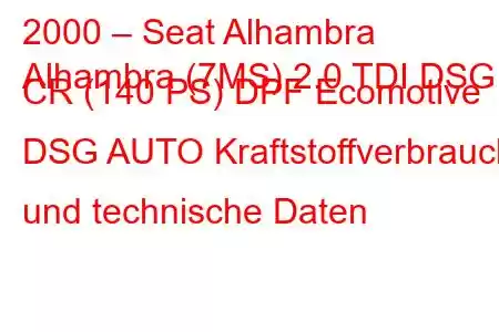 2000 – Seat Alhambra
Alhambra (7MS) 2.0 TDI DSG CR (140 PS) DPF Ecomotive DSG AUTO Kraftstoffverbrauch und technische Daten