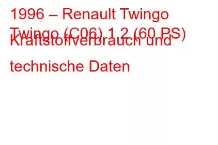 1996 – Renault Twingo
Twingo (C06) 1.2 (60 PS) Kraftstoffverbrauch und technische Daten