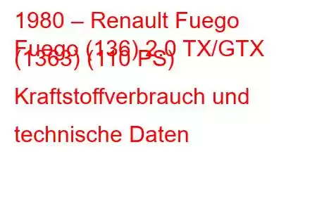 1980 – Renault Fuego
Fuego (136) 2.0 TX/GTX (1363) (110 PS) Kraftstoffverbrauch und technische Daten