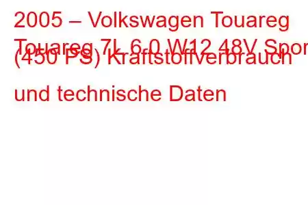 2005 – Volkswagen Touareg
Touareg 7L 6.0 W12 48V Sport (450 PS) Kraftstoffverbrauch und technische Daten