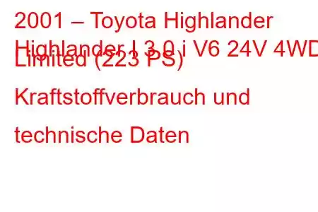 2001 – Toyota Highlander
Highlander I 3.0 i V6 24V 4WD Limited (223 PS) Kraftstoffverbrauch und technische Daten