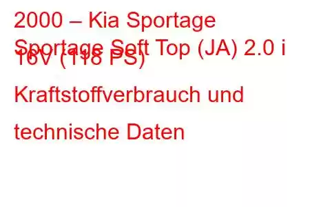 2000 – Kia Sportage
Sportage Soft Top (JA) 2.0 i 16V (118 PS) Kraftstoffverbrauch und technische Daten