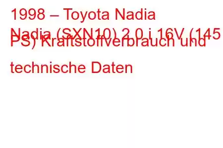 1998 – Toyota Nadia
Nadia (SXN10) 2.0 i 16V (145 PS) Kraftstoffverbrauch und technische Daten