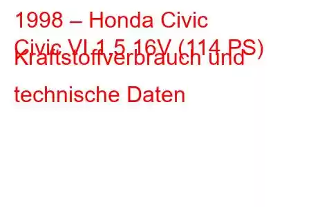 1998 – Honda Civic
Civic VI 1.5 16V (114 PS) Kraftstoffverbrauch und technische Daten