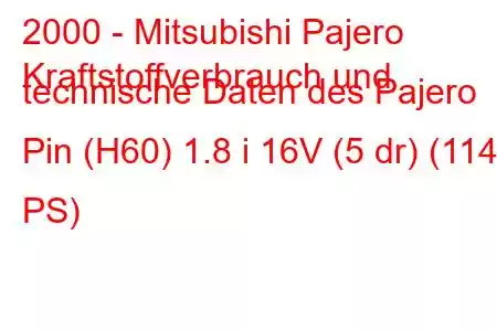 2000 - Mitsubishi Pajero
Kraftstoffverbrauch und technische Daten des Pajero Pin (H60) 1.8 i 16V (5 dr) (114 PS)