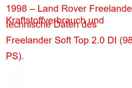 1998 – Land Rover Freelander
Kraftstoffverbrauch und technische Daten des Freelander Soft Top 2.0 DI (98 PS).