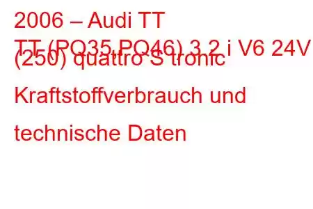 2006 – Audi TT
TT (PQ35,PQ46) 3.2 i V6 24V (250) quattro S tronic Kraftstoffverbrauch und technische Daten