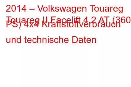 2014 – Volkswagen Touareg
Touareg II Facelift 4.2 AT (360 PS) 4x4 Kraftstoffverbrauch und technische Daten