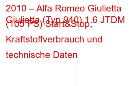 2010 – Alfa Romeo Giulietta
Giulietta (Typ 940) 1.6 JTDM (105 PS) Start&Stop, Kraftstoffverbrauch und technische Daten