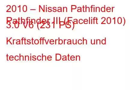 2010 – Nissan Pathfinder
Pathfinder III (Facelift 2010) 3.0 V6 (231 PS) Kraftstoffverbrauch und technische Daten