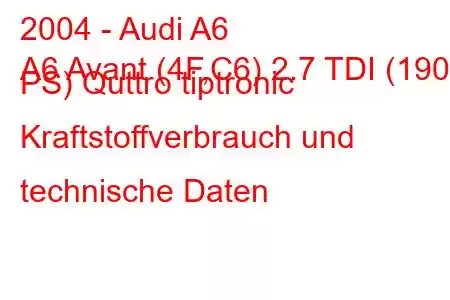 2004 - Audi A6
A6 Avant (4F,C6) 2.7 TDI (190 PS) Quttro tiptronic Kraftstoffverbrauch und technische Daten