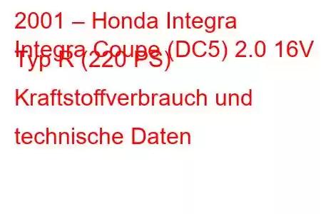 2001 – Honda Integra
Integra Coupe (DC5) 2.0 16V Typ R (220 PS) Kraftstoffverbrauch und technische Daten