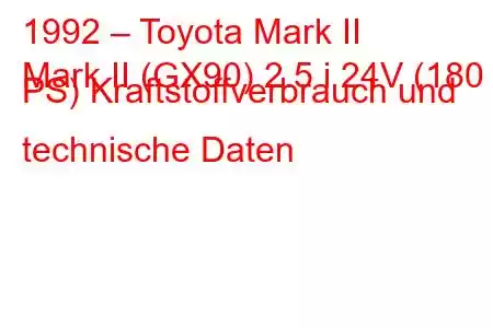 1992 – Toyota Mark II
Mark II (GX90) 2.5 i 24V (180 PS) Kraftstoffverbrauch und technische Daten