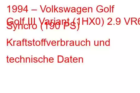 1994 – Volkswagen Golf
Golf III Variant (1HX0) 2.9 VR6 Syncro (190 PS) Kraftstoffverbrauch und technische Daten