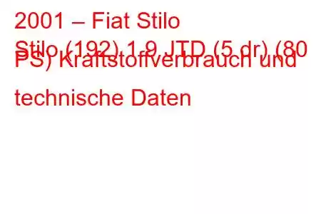 2001 – Fiat Stilo
Stilo (192) 1.9 JTD (5 dr) (80 PS) Kraftstoffverbrauch und technische Daten