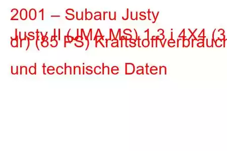 2001 – Subaru Justy
Justy II (JMA,MS) 1.3 i 4X4 (3 dr) (85 PS) Kraftstoffverbrauch und technische Daten