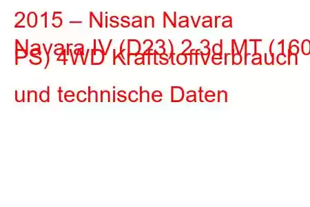 2015 – Nissan Navara
Navara IV (D23) 2.3d MT (160 PS) 4WD Kraftstoffverbrauch und technische Daten