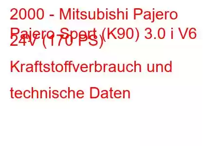 2000 - Mitsubishi Pajero
Pajero Sport (K90) 3.0 i V6 24V (170 PS) Kraftstoffverbrauch und technische Daten