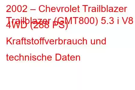 2002 – Chevrolet Trailblazer
Trailblazer (GMT800) 5.3 i V8 4WD (288 PS) Kraftstoffverbrauch und technische Daten