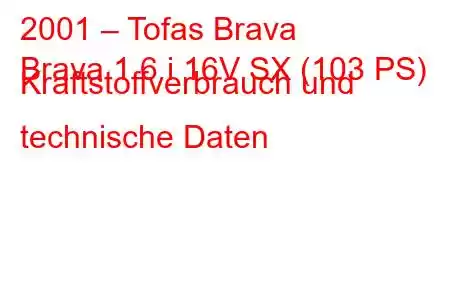 2001 – Tofas Brava
Brava 1.6 i 16V SX (103 PS) Kraftstoffverbrauch und technische Daten