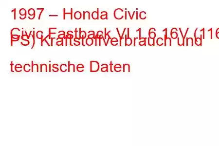 1997 – Honda Civic
Civic Fastback VI 1.6 16V (116 PS) Kraftstoffverbrauch und technische Daten