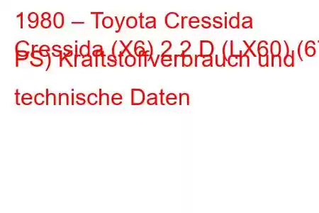 1980 – Toyota Cressida
Cressida (X6) 2.2 D (LX60) (67 PS) Kraftstoffverbrauch und technische Daten