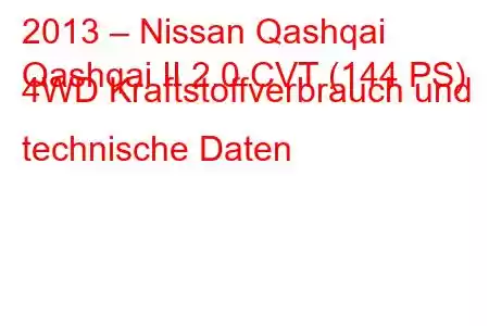 2013 – Nissan Qashqai
Qashqai II 2.0 CVT (144 PS) 4WD Kraftstoffverbrauch und technische Daten