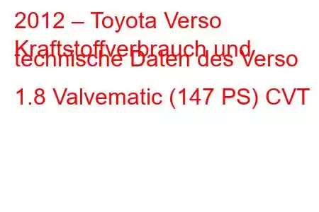 2012 – Toyota Verso
Kraftstoffverbrauch und technische Daten des Verso 1.8 Valvematic (147 PS) CVT