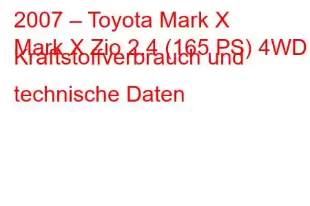 2007 – Toyota Mark X
Mark X Zio 2.4 (165 PS) 4WD Kraftstoffverbrauch und technische Daten