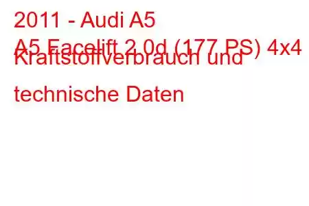 2011 - Audi A5
A5 Facelift 2.0d (177 PS) 4x4 Kraftstoffverbrauch und technische Daten