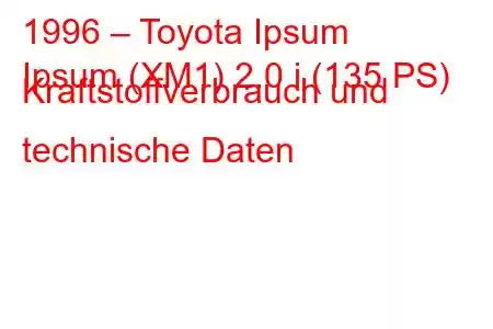 1996 – Toyota Ipsum
Ipsum (XM1) 2.0 i (135 PS) Kraftstoffverbrauch und technische Daten