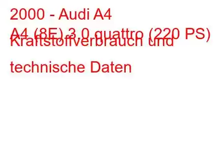 2000 - Audi A4
A4 (8E) 3.0 quattro (220 PS) Kraftstoffverbrauch und technische Daten