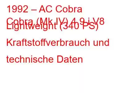 1992 – AC Cobra
Cobra (Mk IV) 4.9 i V8 Ligntweignt (340 PS) Kraftstoffverbrauch und technische Daten