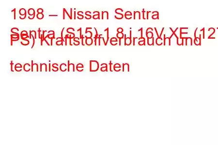 1998 – Nissan Sentra
Sentra (S15) 1.8 i 16V XE (127 PS) Kraftstoffverbrauch und technische Daten