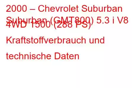 2000 – Chevrolet Suburban
Suburban (GMT800) 5.3 i V8 4WD 1500 (288 PS) Kraftstoffverbrauch und technische Daten