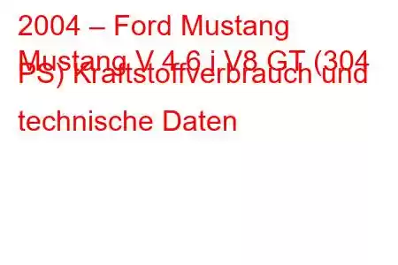 2004 – Ford Mustang
Mustang V 4.6 i V8 GT (304 PS) Kraftstoffverbrauch und technische Daten