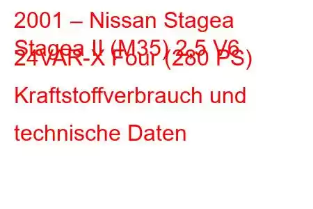 2001 – Nissan Stagea
Stagea II (M35) 2,5 V6 24VAR-X Four (280 PS) Kraftstoffverbrauch und technische Daten