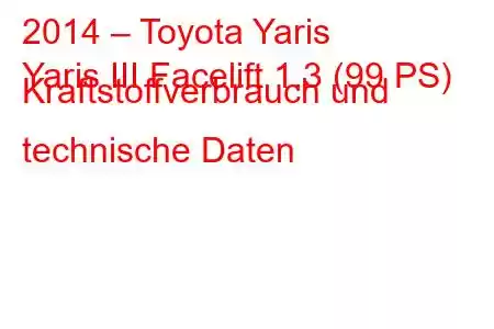 2014 – Toyota Yaris
Yaris III Facelift 1.3 (99 PS) Kraftstoffverbrauch und technische Daten