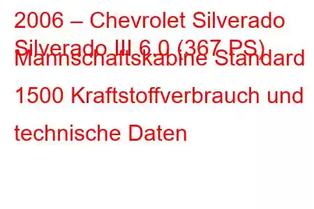 2006 – Chevrolet Silverado
Silverado III 6.0 (367 PS) Mannschaftskabine Standard 1500 Kraftstoffverbrauch und technische Daten