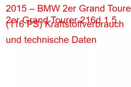 2015 – BMW 2er Grand Tourer
2er Grand Tourer 216d 1,5 (116 PS) Kraftstoffverbrauch und technische Daten