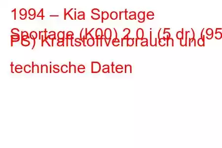 1994 – Kia Sportage
Sportage (K00) 2.0 i (5 dr) (95 PS) Kraftstoffverbrauch und technische Daten