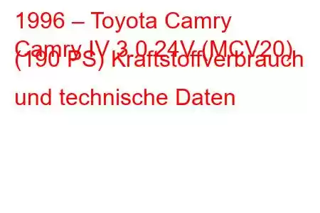 1996 – Toyota Camry
Camry IV 3.0 24V (MCV20) (190 PS) Kraftstoffverbrauch und technische Daten