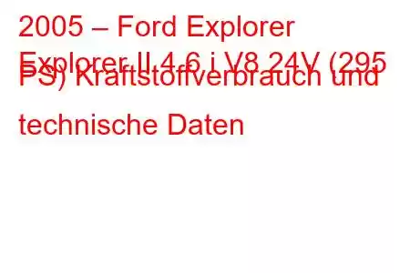 2005 – Ford Explorer
Explorer II 4.6 i V8 24V (295 PS) Kraftstoffverbrauch und technische Daten