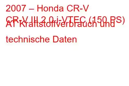 2007 – Honda CR-V
CR-V III 2.0 i-VTEC (150 PS) AT Kraftstoffverbrauch und technische Daten