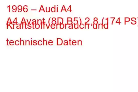 1996 – Audi A4
A4 Avant (8D,B5) 2,8 (174 PS) Kraftstoffverbrauch und technische Daten