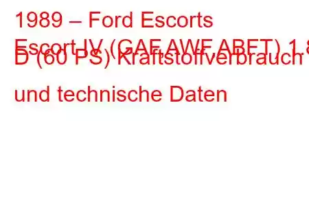 1989 – Ford Escorts
Escort IV (GAF,AWF,ABFT) 1.8 D (60 PS) Kraftstoffverbrauch und technische Daten