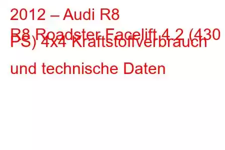 2012 – Audi R8
R8 Roadster Facelift 4.2 (430 PS) 4x4 Kraftstoffverbrauch und technische Daten