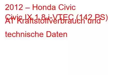 2012 – Honda Civic
Civic IX 1.8 i-VTEC (142 PS) AT Kraftstoffverbrauch und technische Daten