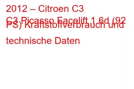 2012 – Citroen C3
C3 Picasso Facelift 1.6d (92 PS) Kraftstoffverbrauch und technische Daten