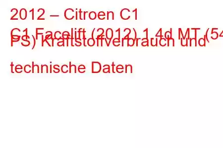 2012 – Citroen C1
C1 Facelift (2012) 1.4d MT (54 PS) Kraftstoffverbrauch und technische Daten